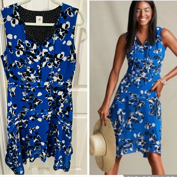 CAbi Dresses & Skirts - CAbi Electric Blue Floral Asymmetrical Handkerchief Hem Polka Dot Dress Sz M